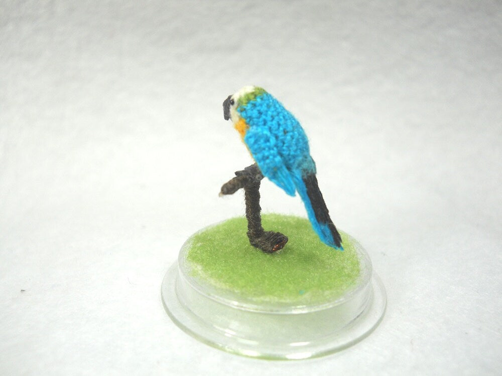 Mini Parrot in Dome - Blue White Yellow - Micro Amigurumi Miniature Crochet Bird Stuffed Animal - Made To Order