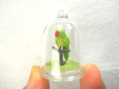 Green Parrot in Dome - Micro Amigurumi Miniature Crochet Bird Stuffed Animal - Made To Order