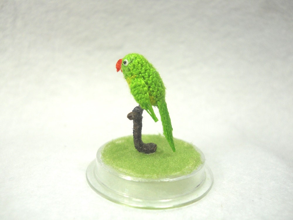Green Parrot in Dome - Micro Amigurumi Miniature Crochet Bird Stuffed Animal - Made To Order
