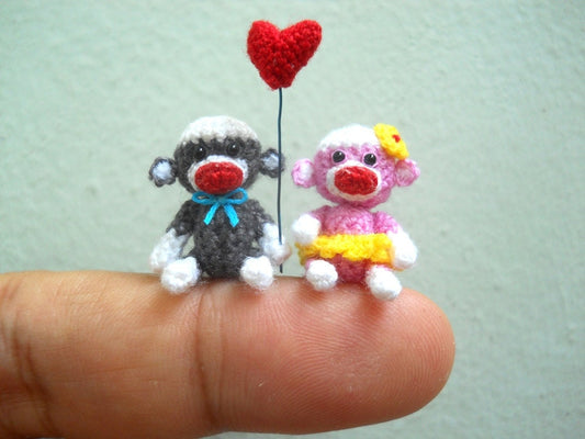 Sock Monkey Couple 1 Inch - Micro Amigurumi Crochet Miniature Monkey Stuffed Animal - Made To Order